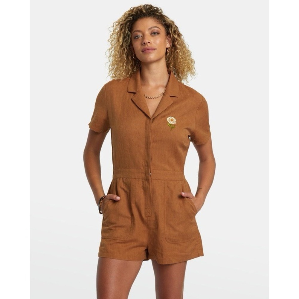 RVCA Romper Womens L Brown Daisy Embroidered Linen Blend Short Sleeve Utility